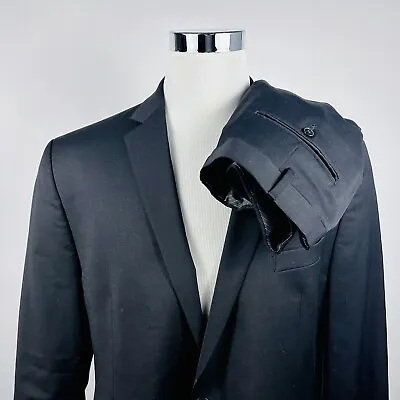 Calvin Klein 46R Suit 40 X 28 Flat Front Black 100% Wool Two Button Vented • $99.95