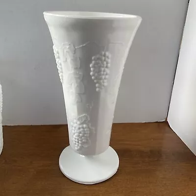 Vintage Anchor Hocking Milk Glass Vase Raised Grape Vine Pattern Height 9 3/4” • $19.99