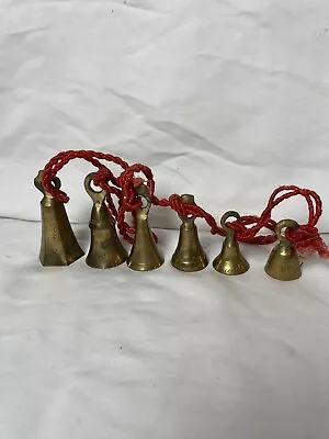 Vintage Sarna India Brass Bells On Red Rope 6 Etched Bells Various Sizes  • $17