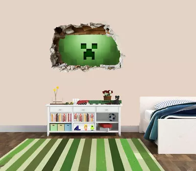 3D Smashed Wall Mural Minecraft Creeper Wall Sticker Room Gaming Wall Art • £3.99