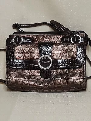 Brighton Crossbody Organizer Bag Leather Wallet Clutch Embossed Hearts Croc Trim • $34.99