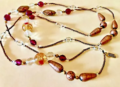 Venetian Glass Bronze Ruby Crystal Bead Necklace Hand Knot 40  Sunya Currie Vtg. • $15