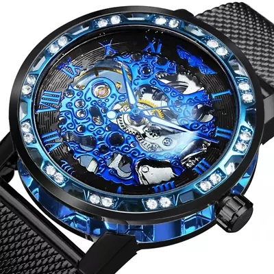 WINNER Classic Retro Mechanical Watches Luxury Iced Out Blue Skeleton Watch For  • £32.95