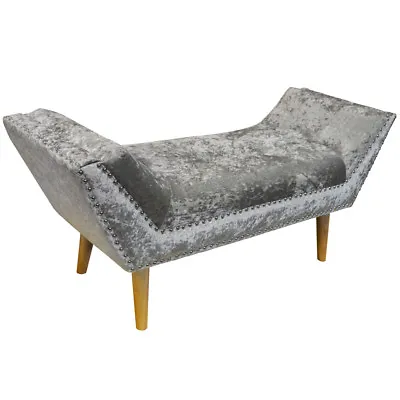 Crushed Velvet Chaise Bench With Wood Legs  Silver OCH5066 • £119.99