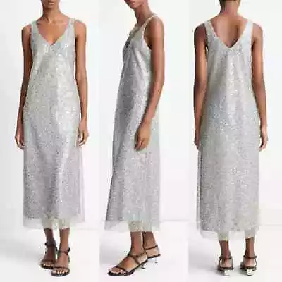 NWT Vince V-Neck Lucite Metallic Sequin Slip Midi Silver Dress • $446.25