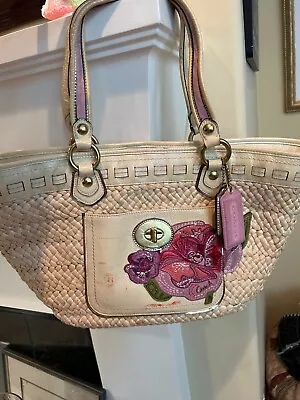 Coach Poppy Straw Applique Tote Bag Straw Patent Leather Flowers Pink Purple • $99.99