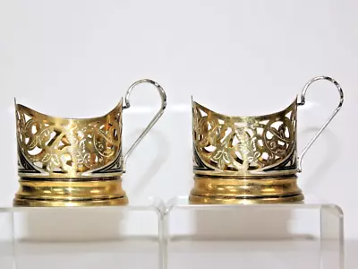 Pair Of Russian Soviet Silver Niello Coffee Tea Cup Holder Gilt Floral 875 131gm • $199.97