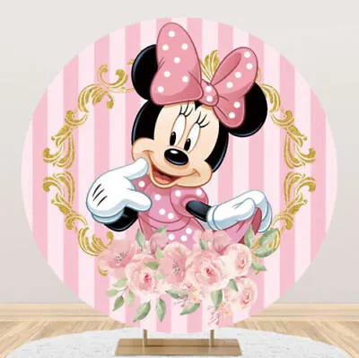 Round Minnie Mouse Backdrop Flower Girls Happy Birthday Photo Background Banner • $22.99