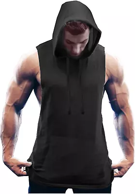 Men's Workout Hooded Tank Tops Bodybuilding Muscle Cut Off T Shirt Sleeveless • $28.99