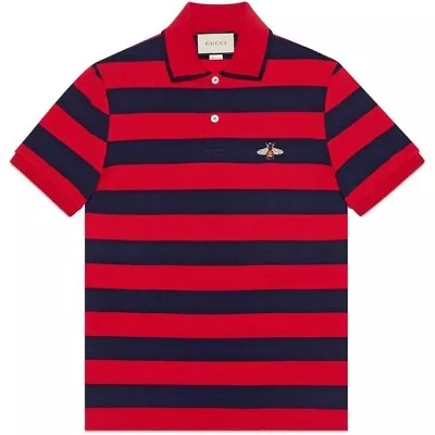 Men’s Authentic Gucci Red & Navy Striped Bee Appliqué Polo Shirt • $199.99