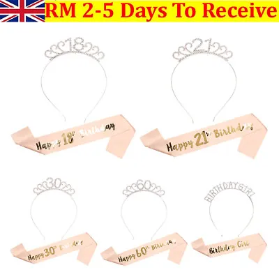 Happy Birthday Sash Tiara Set 16/18/21/30/50/60th Girl Crown Rose Gold Party UK • £4.79