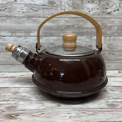 Vintage Antique Brown Teapot With Wooden Handle Enamel • $28.79