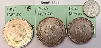 Mexican Silver 3 Coins - 1947 1953 1955 - 75.78g Cinco Pesos - Item #3645 • $54