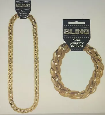 GANGSTER CHUNKY NECKLACE GOLD BRACELET Fancy Dress RAPPER JEWELLERY ACCESSORIES • £4.99