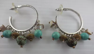 Silvertone Mother Of Pearl Marbled Blue/Brown/Art Beads Cha Cha Hoop Earrings • $6.99