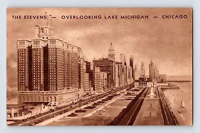 Postcard Illinois Chicago IL Stevens Hotel Lake Michigan 1943 Military Mail • $4