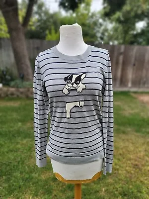 Vintage J. Crew Sweater Woman's Small Black & Gray Striped With Bulldog • $39