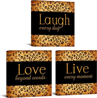 £69.17 • Buy 3 Piece Live Laugh Love Canvas Wall Art Leopard Printed Pictures Gold And Black 