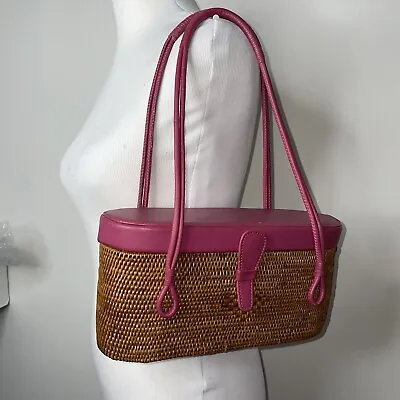 Vintage Elliott Lucca Amore Handbag Pink Leather And Rattan Basket • $45