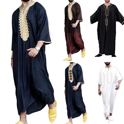 Mens Robe Muslim Clothing Saudi Arab Jubba Kaftan Dishdash Thobe Long Sleeve • £15.88