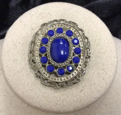 Vintage Silver Tone Costume Blue Rhinestone & Blue Glass Cab Stone Pin MM382 • $6.50