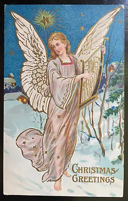 Vintage Victorian Postcard 1909 Christmas Greetings - Angel On Blue • $9
