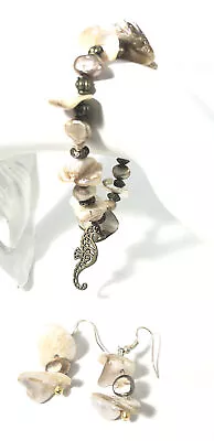 Sea Horse Polished Sea Shell Jewelry Set-Stretch Bracelet & Earrings Beach Ocean • $9