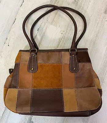 Leather Patchwork Shoulder Handbag Satchel Purse Brown Retro Vintage Look • $21.50