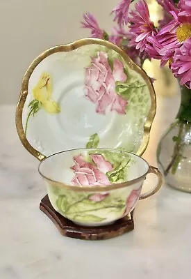 1898 France Limoges A. Lanternier  Rose Tea Cup & Saucer • $150