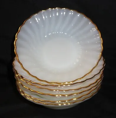 6 Anchor Hocking Cereal Bowls ~ Suburbia Milk Glass Gold Trim 6 ¼”~ Made In USA • $18