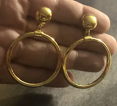 Vintage MONET 2.25” Long Dangle Hoop Clip-on Earrings 1960s MOD Gold 60s Retro • $24.98