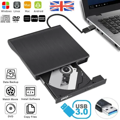 £15.99 • Buy USB External DVD RW Drive CD DVD Rewriter Burner Reader For Mac Lenovo Laptop PC