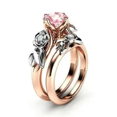 Women Engagement Wedding Ring 2Pcs/Set 14K Rose Gold Zircon Crystal Flower Ring • $1.96