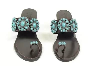 Miss Trish Of Capri Concha Turquoise Brown Sandal European Leather Retail $100 • $29.99