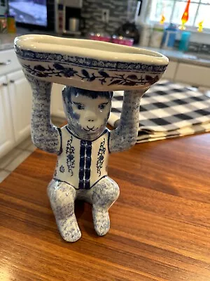 Vintage Chinoiserie Blue & White Ceramic Monkey Holding Dish Bowl • $79
