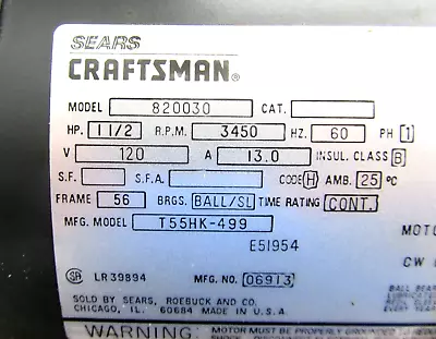 Craftsman 10  Table Saw 113.298721 & 113.298761  1-1/2 HP 120 V Motor 820030 • $122