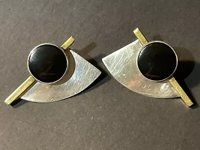 Vintage Geometric Design 925 Sterling Silver Brass And Black Onyx Earrings • $55