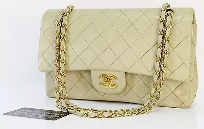 Auth CHANEL Double Flap Beige Quilted Leather Gold Chain Shoulder Bag #50261 • £1990.59