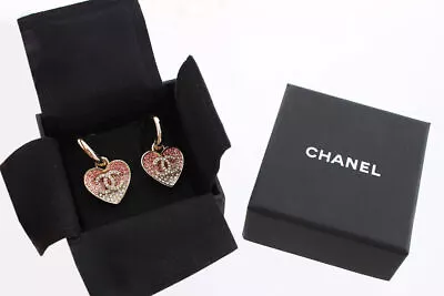 CHANEL Earrings CC Pink Heart Rhinestone COCO Gold GP Swing Hoop A23B Authentic • $1365.50