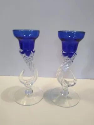   Pair Of Murano Venetian Style Cobalt Blue Glass Rope Twisted Stem Candlesticks • $22