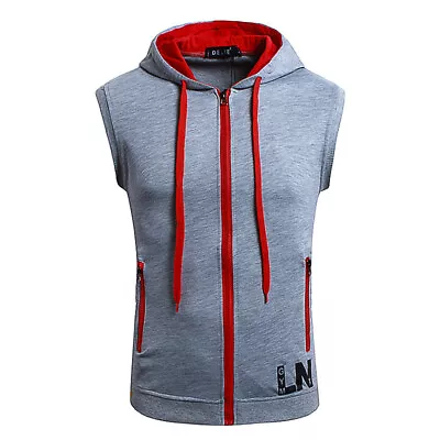 Mens Sport Gym Fitness Hooded T Shirt Muscle Vest Sleeveless Zip Up Hoodie Tops • £16.37