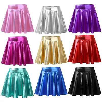Womens Skirt Leather Dancewear Wet Look Costome Skater Sexy Flared Dress Shiny • $15.99