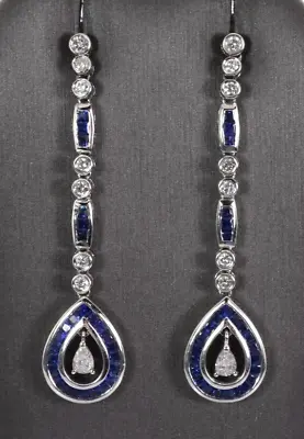 Stunning Sapphire & Diamond Dangle Earrings In 18k White Gold 3.49 Carats • $2379.99