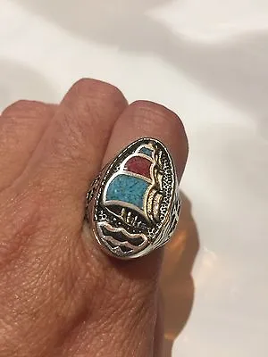 1980's Vintage Southwestern Silver Men's Turquoise Stone Inlay 9 Ship Ring • $44