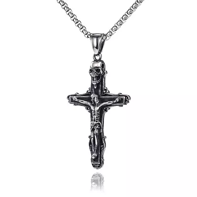 Men Jesus Christ Crucifix Skull Cross Pendant Chain Necklace Stainless Steel • $9.95