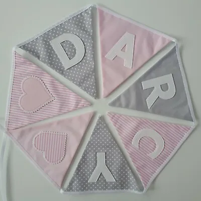 £9 • Buy Personalised Pink & Grey Fabric Bunting ~ Name Gift / Baby Girl ~ Nursery