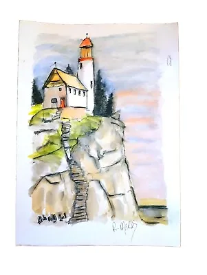 Watercolour Painting-Village Light House-Signed By Artist - 20th / 21st Century • £15