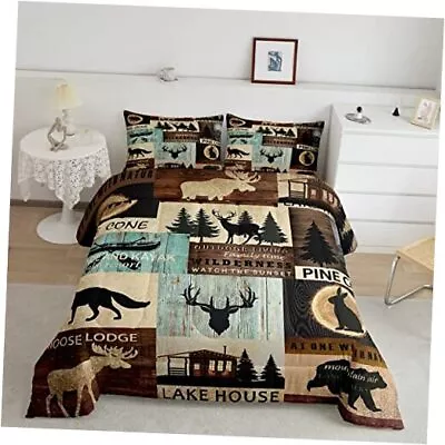 Hunting Woodland Animal Comforter Set Rustic Fox Bear Deer Moose Queen Multi 14 • $106.31