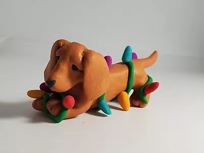 DACHSHUND Christmas Ornament Tangled In Lights DOXIE RED Handmade POLYMER CLAY  • $14