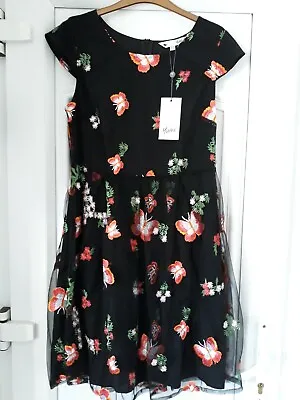 BNWT Yumi Black Floral And Butterfly Embroidered Mesh Dress Size 12 • £22.50